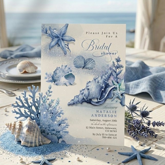 Elegant kusthavsblå snigelskal bröllopsdusch inbjudningar (Elegant Coastal Ocean Blue Seashell Bridal Shower Invitation)