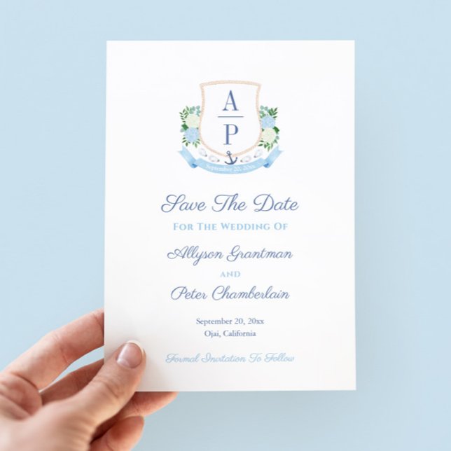 Elegant Kustmonogram Bröllop Vapensköld Spara Datumet (Elegant coastal theme save the date with hand painted watercolor couples monogram)