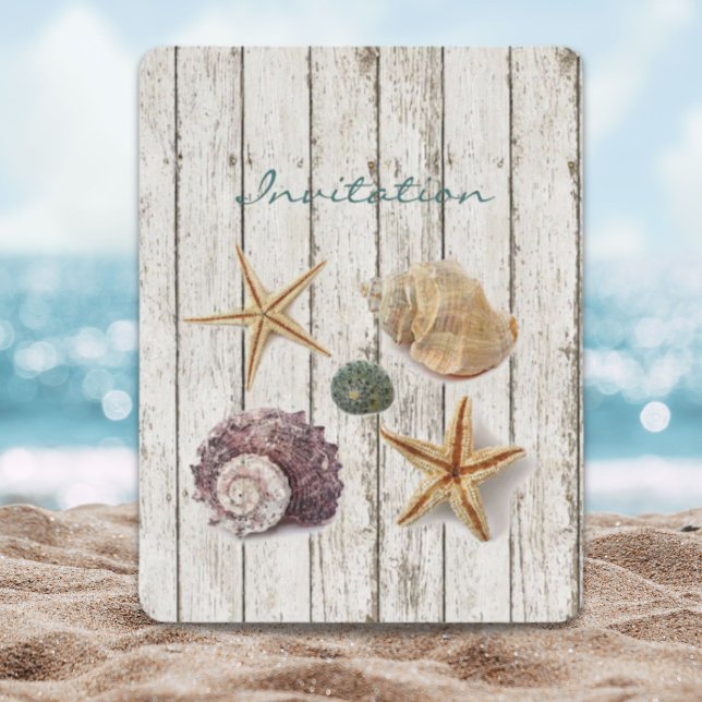 elegant kustnära trä skalbank strand bröllop inbjudningar (elegant coastal wood seashells beach wedding invitation)