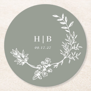 Elegant Kuvert Grönt Blommigt Monogram utandning Underlägg Papper Rund