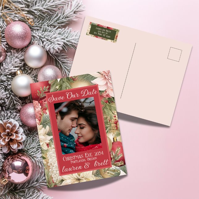 Elegant Kväll Romantic Photo Bröllop Meddelande Vykort (Stylish Christmas Wedding Save the Date postcard with elegant layout
)