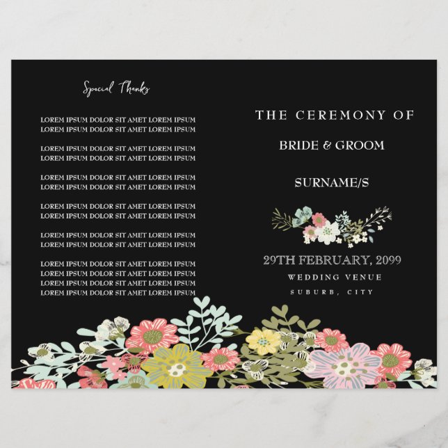 Elegant Kvälls Blommig Trädgård Bröllopsprogram (Framsida)