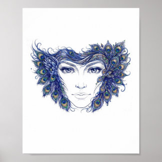 Elegant kvinna ansikte med påfågelsfjädrar Väggkon Poster