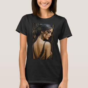 Elegant kvinna i 3D mikro mosaik – Lyxig svart T Shirt
