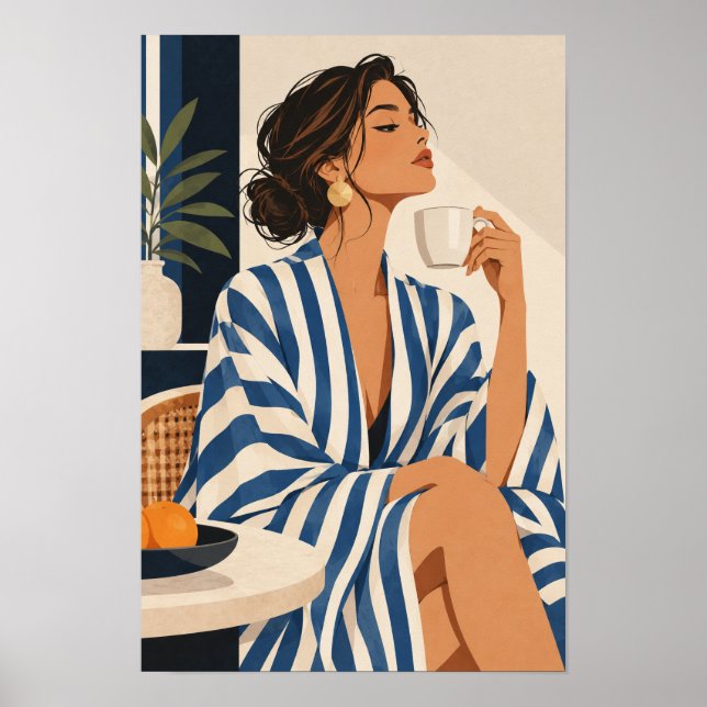 Elegant kvinna i blåa ränder som håller kaffevägg  poster (Framsidan)