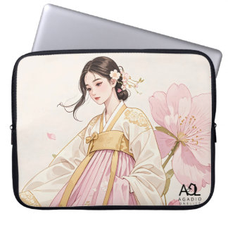 Elegant Kvinna i Golden Hanbok med Cherry Blommar Laptop Fodral