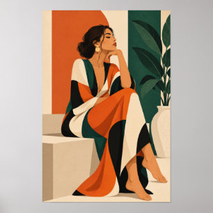 Elegant kvinna i orange och grön botanisk vägg A Poster