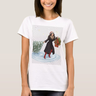 Elegant kvinna i tomtehatt drar julgran t shirt