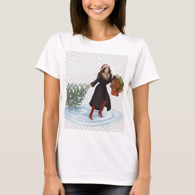Elegant kvinna i tomtehatt drar julgran  t shirt (Framsida)