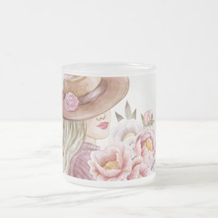 Elegant kvinna med peonies Vattenfärgskonsttryck Frostad Glasmugg