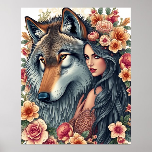 Elegant kvinna med varg & blommor affisch (Framsidan)