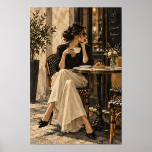 Elegant kvinna på café med kaffe och croissant Wa Poster