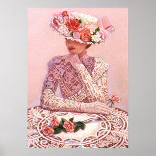 Elegant kvinna, ro hatt, affisch för