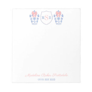 Elegant Kvinna Rosa Ribbon Blue White Vas Monogram Anteckningsblock