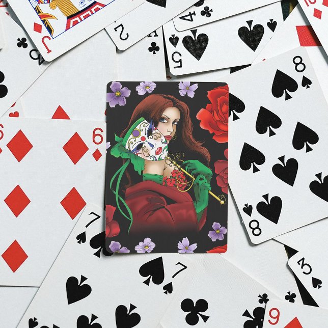 Elegant kvinna venetiansk mask röd grön casinokort (Skapare uppladdad)