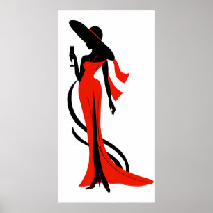 Elegant kvinnlig silhuette röd klänning med vinegl poster