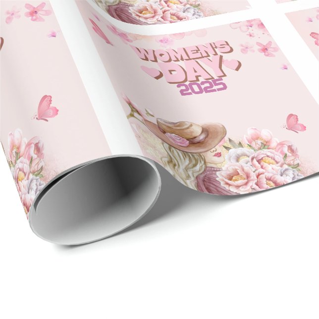 Elegant Kvinnodagen 2025 med Rosa Blommigt Design Presentpapper (Rullad Hörn)