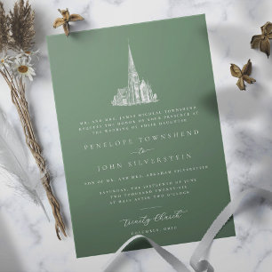Elegant kyrka illustration grön formell bröllop inbjudningar