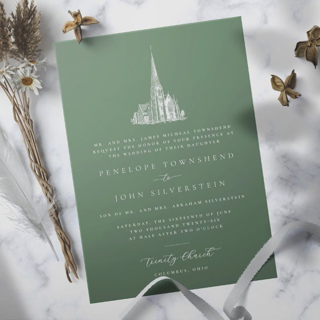 Elegant kyrka illustration grön formell bröllop inbjudningar (Sage green formal wedding invitation with an illustration of a church)