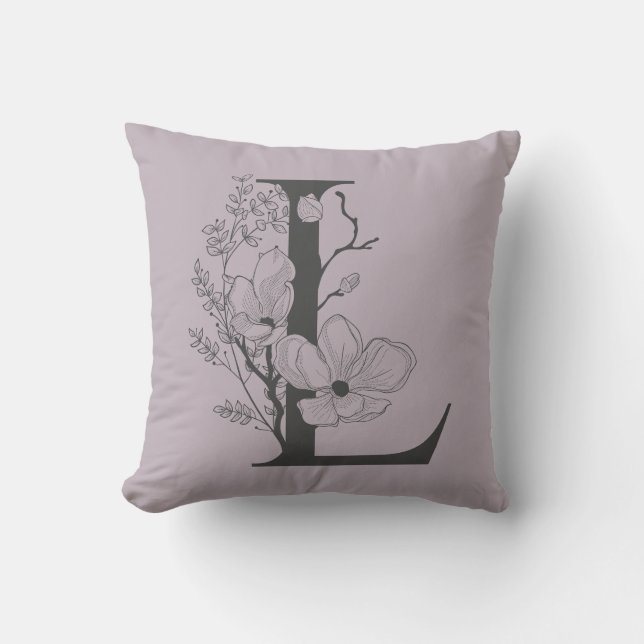 Elegant L Boho Blommig Monogram Initial Lilafärgad Kudde (Framsida)
