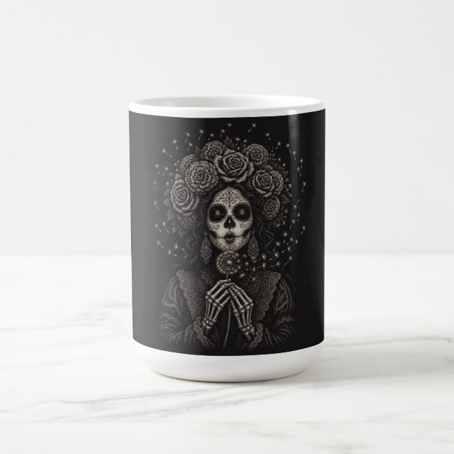 Elegant La Catrina Blommig Skelett Konst Kaffemugg (Center)