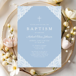 Elegant Lace Blue Baby Boy Baptism Inbjudningar