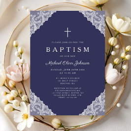 Elegant Lace Navy Blue Baby Boy Baptism Inbjudningar