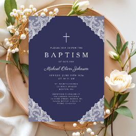 Elegant Lace Navy Blue Baby Boy Baptism Inbjudningar