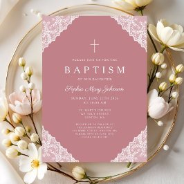 Elegant Lace Pink Baby Girl Baptism Inbjudningar