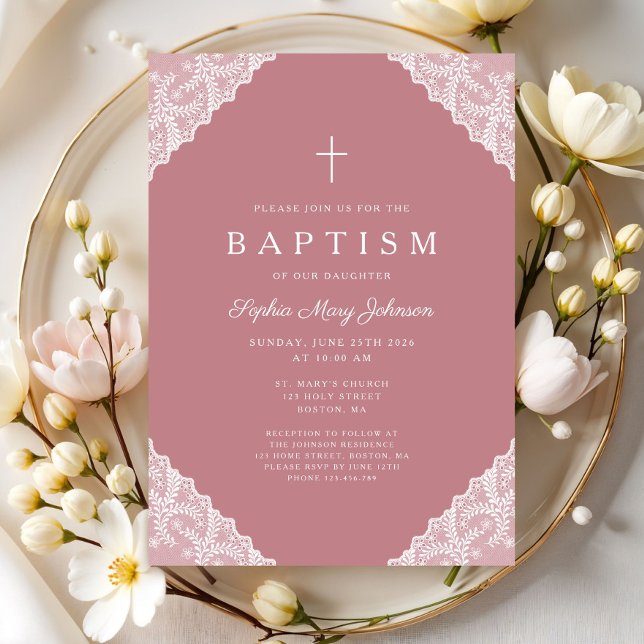 Elegant Lace Pink Baby Girl Baptism Inbjudningar (Elegant Lace Pink Baby Girl Baptism Invitation)