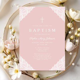 Elegant Lace Pink Baby Girl Baptism Inbjudningar