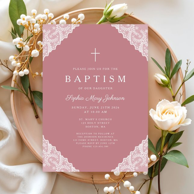 Elegant Lace Pink Baby Girl Baptism Inbjudningar (Elegant Lace Pink Baby Girl Baptism Invitation)