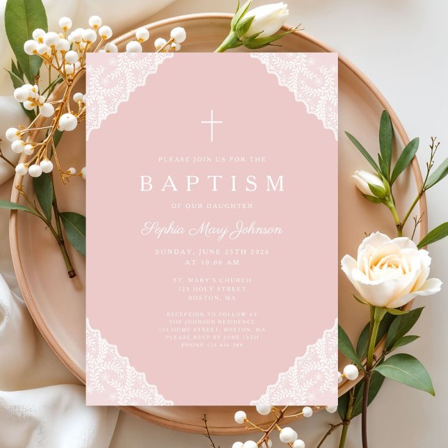 Elegant Lace Pink Baby Girl Baptism Inbjudningar (Elegant Lace Pink Baby Girl Baptism Invitation)