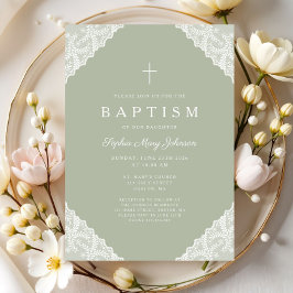 Elegant Lace Sage Green Baptism Inbjudningar
