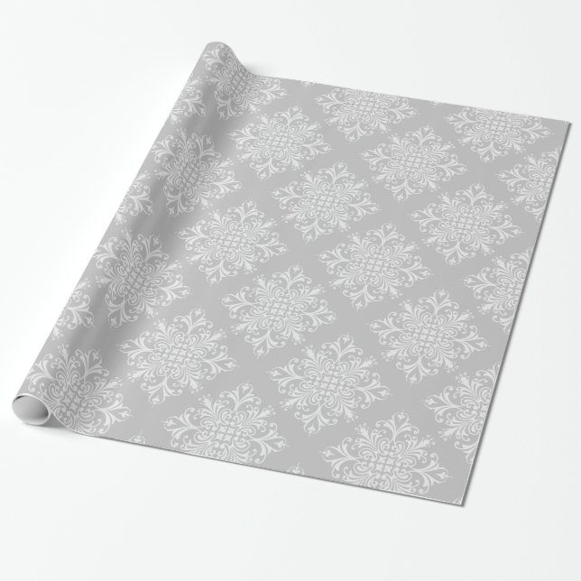 Elegant Lacy Grått Damask Presentpapper (Utrullad)
