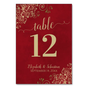 Elegant Lacy Guld Calligraphy Crimson Red Bröllop Bordsnummer