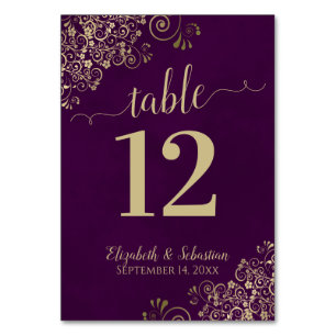 Elegant Lacy Guld Calligraphy Plum Lila Bröllop Bordsnummer