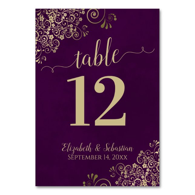 Elegant Lacy Guld Calligraphy Plum Lila Bröllop Bordsnummer (Framsidan)