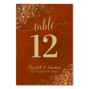 Elegant Lacy Guld Calligraphy Rust Orange Bröllop Bordsnummer