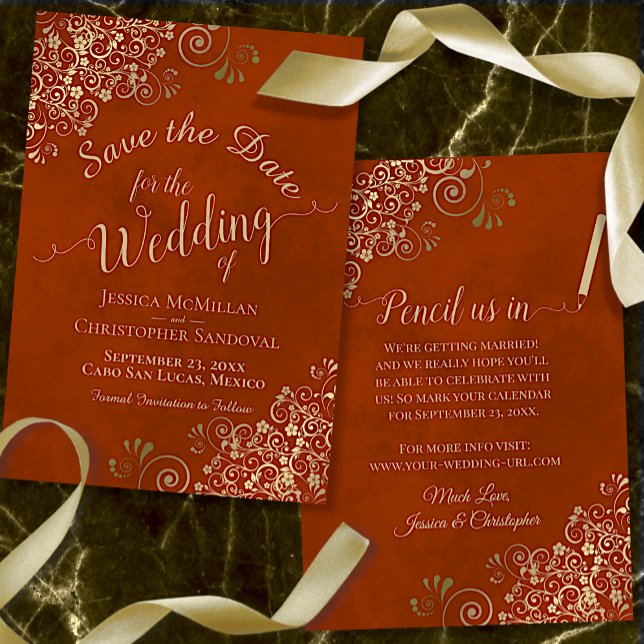 Elegant Lacy Guld Filigree på Rust Orange Bröllop Spara Datumet (Skapare uppladdad)