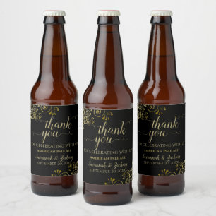 Elegant Lacy Guld på Svarta Bröllop Tack Ölflaska Etikett