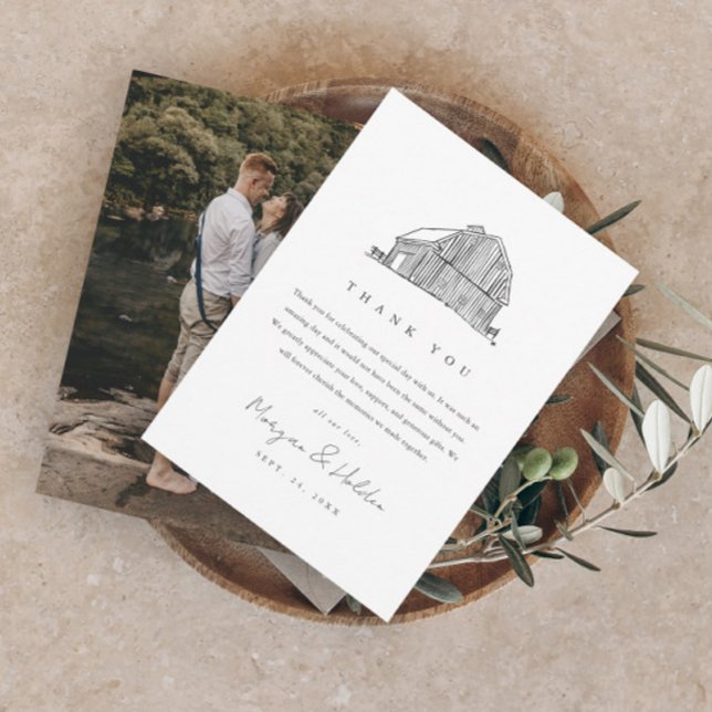 Elegant ladugård svart och vitt rustik bröllopsfot tack kort (Elegant black and white hand-drawn barn rustic wedding photo thank you card.)