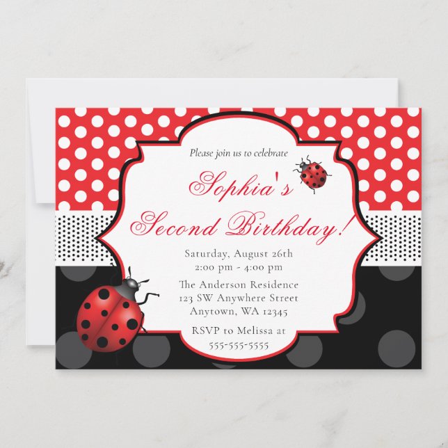 Elegant Ladybug Polka dot Birthday Inbjudningar (Framsida)