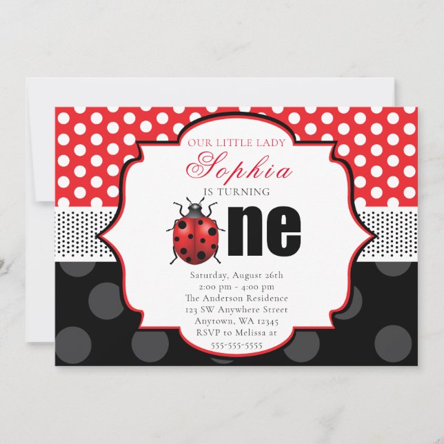 Elegant Ladybug Polka dot First Birthday Inbjudningar (Framsida)