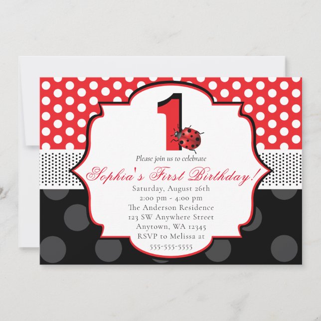 Elegant Ladybug Polka dot First Birthday Inbjudningar (Framsida)
