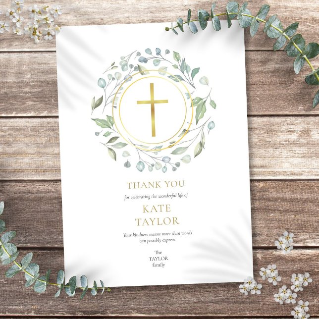 Elegant lagerkrans begravningsminne guldkors tack kort (Elegant Laurel Garland Funeral Memorial Gold Cross Thank You Card)