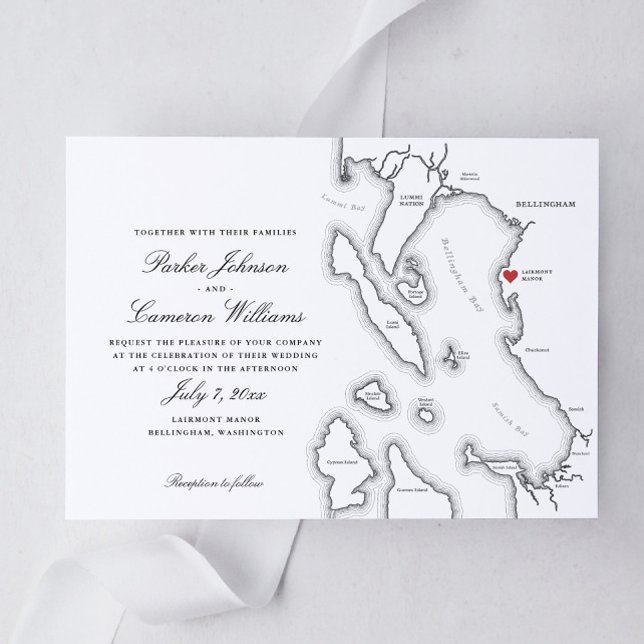 Elegant Lairmont Manor Bellingham Karta Bröllop Inbjudningar (Elegant Bellingham Washington Lairmont Manor Wedding Invitation in black and white)