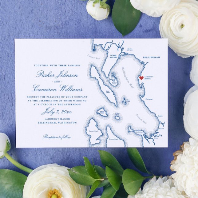 Elegant Lairmont Manor Bellingham Karta Bröllop Inbjudningar (Elegant Bellingham Washington Lairmont Manor Wedding Invitation in navy blue by Coastal Map Designs)