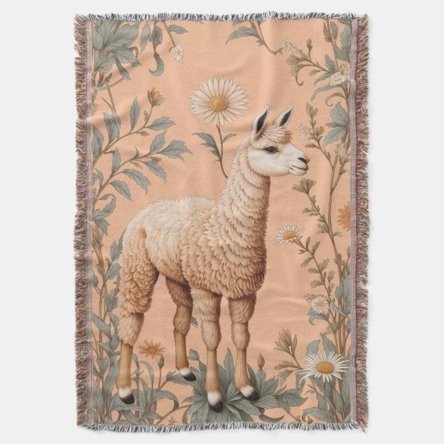 Elegant Lama och Daisy Flowers på persikor Filt (Framsidan Vertikal)