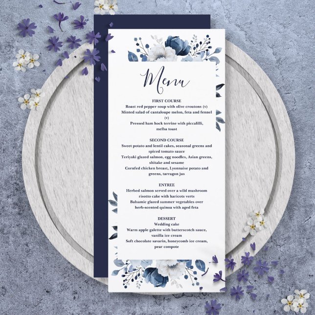 Elegant Land Blommigt Bröllop Meny (Navy Blue Elegant Country Floral Wedding Menu)